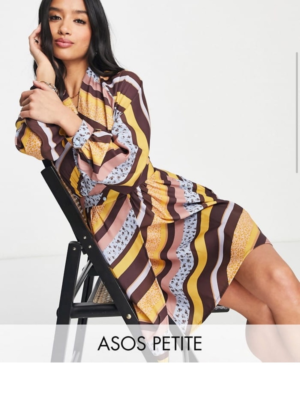 ASOS DESIGN Petite wrap mini dress in brown yellow stripe